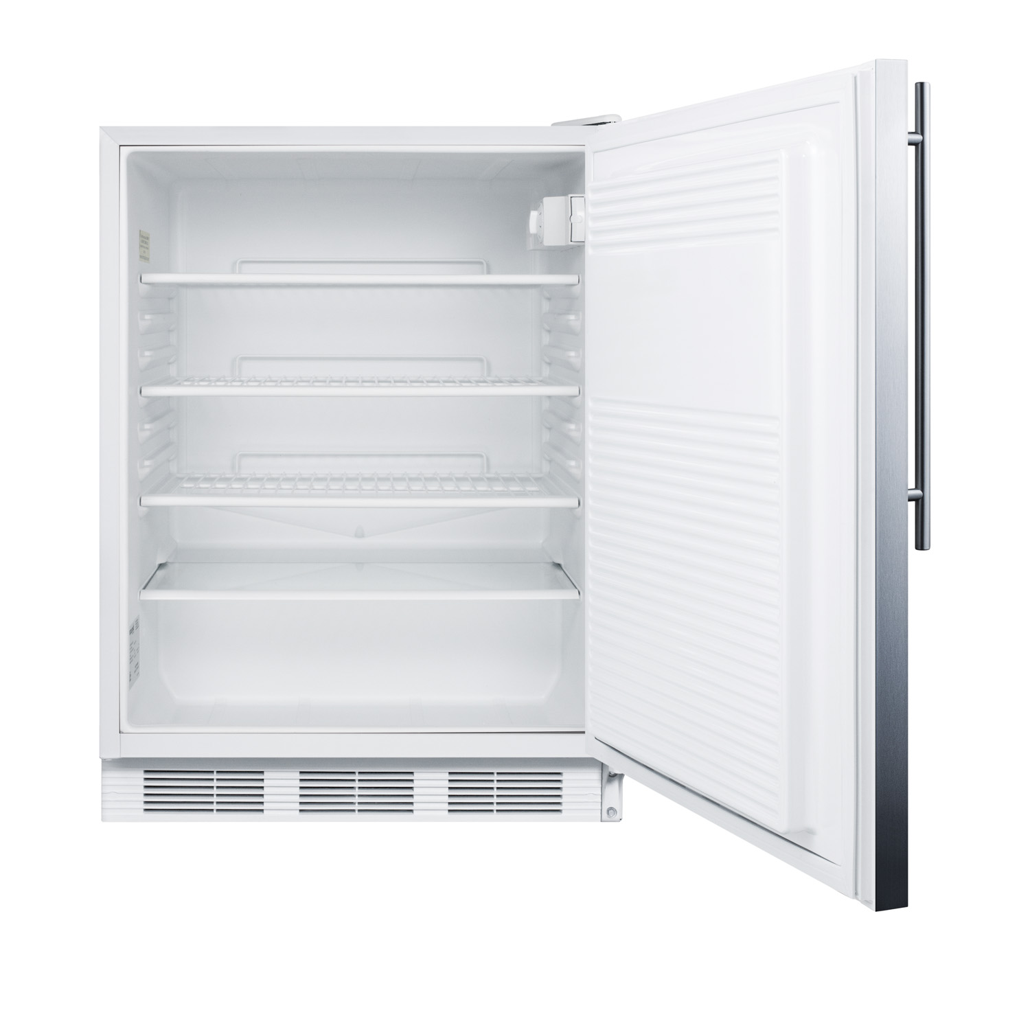 ADA compliant built-in undercounter all-refrigerator for general purpose or commercial use, auto defrost w/lock, SS door, thin handle, and white cabinet